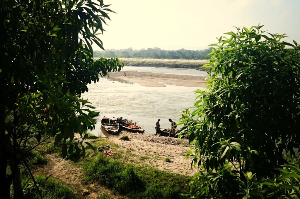 Chitwan nationalpark, träbåtar på en flod