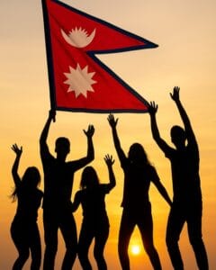 Gen Z i Nepal med den nepalesiska flaggan
