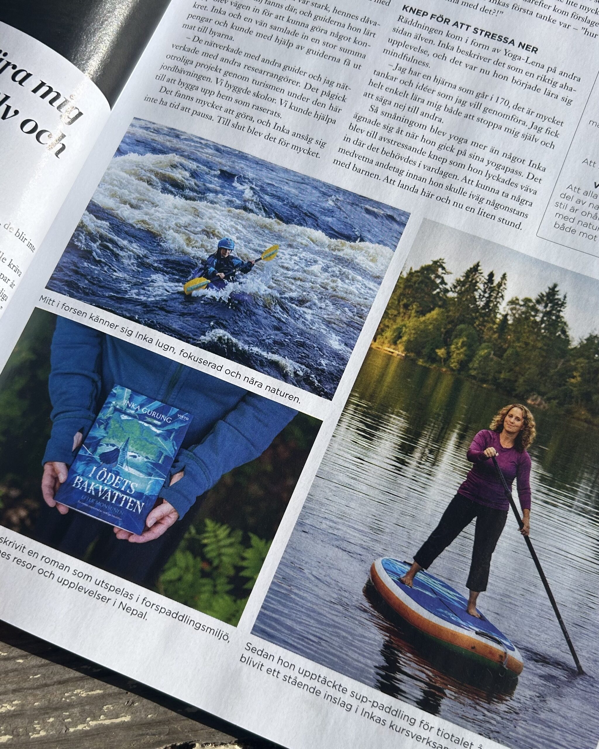 Inka Gurung på SUP, i forskajak och med sin bok, i reportage i Utemagasinet